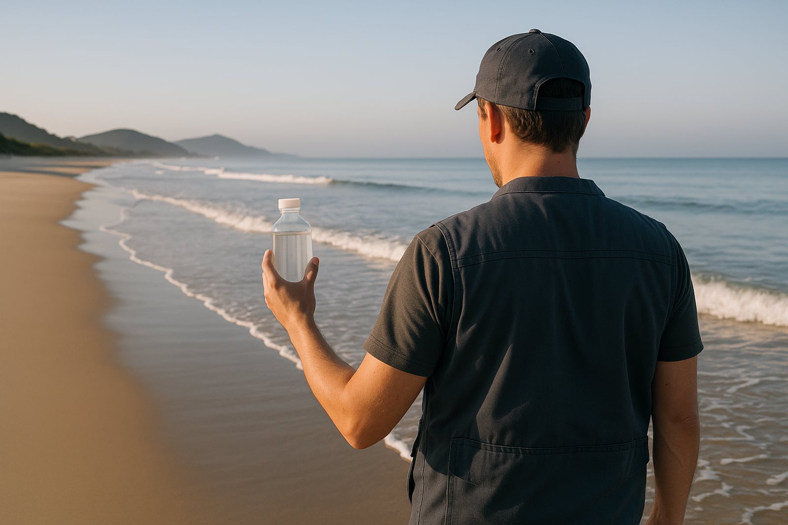 Técnico com frasco de coleta de água na beira do mar numa praia vazia de manhã cedo, com o céu claro e ondas pequenas