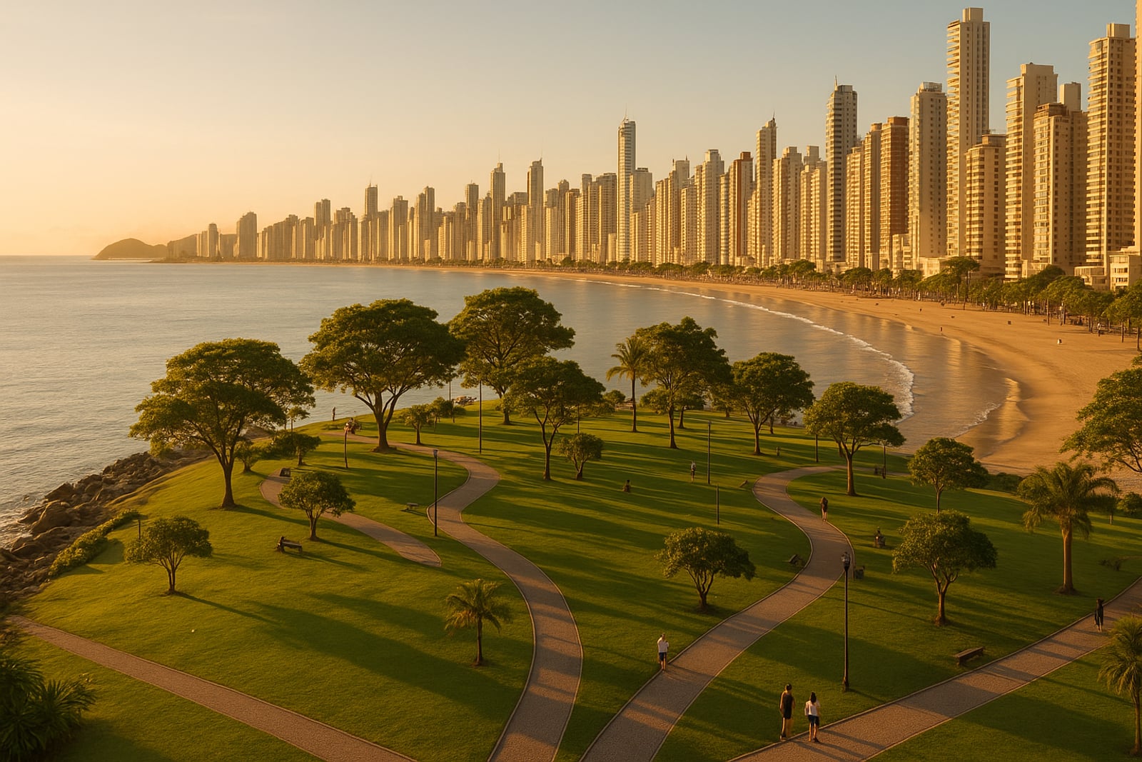 Parque público arborizado à beira-mar na ponta da praia central de Balneário Camboriú, com caminhos, pessoas e o skyline de torres ao fundo, ao entardecer