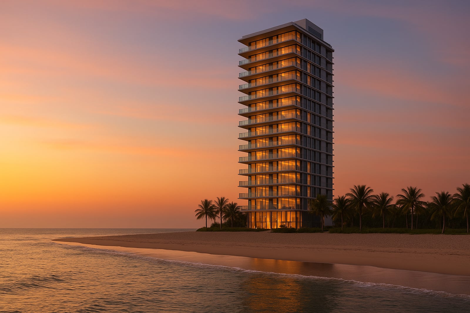 Torre residencial de luxo moderna frente-mar em uma praia de areia clara ao entardecer, conceito pé na areia