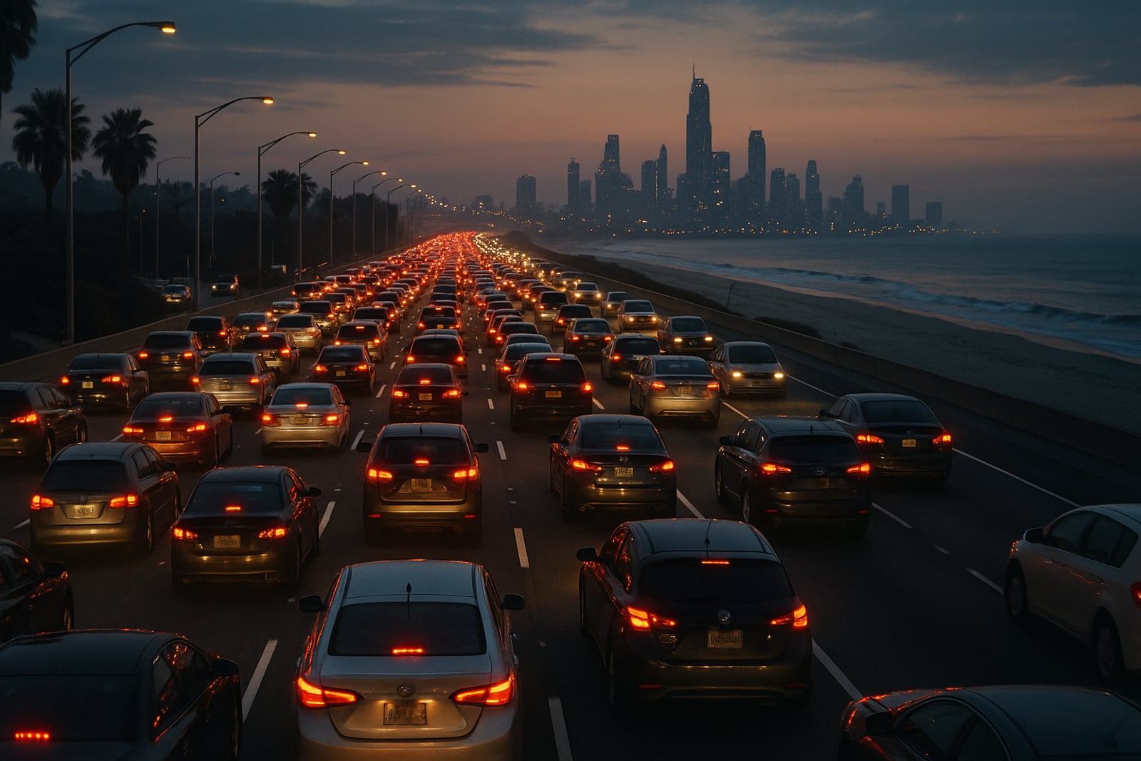 Rodovia BR-101 movimentada ao entardecer, com tráfego intenso e uma cidade litorânea ao fundo