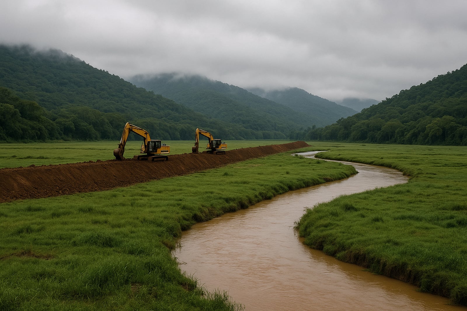 Várzea rural alagada ao lado de um rio em vale verde, com morros ao fundo e um aterro de terra em construção atravessando a planície