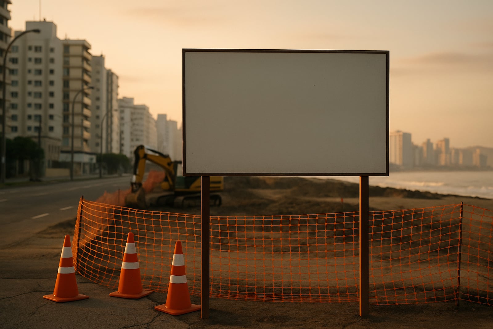 Placa de obra pública em um canteiro urbano ao amanhecer, com máquinas ao fundo e prédios de uma cidade litorânea