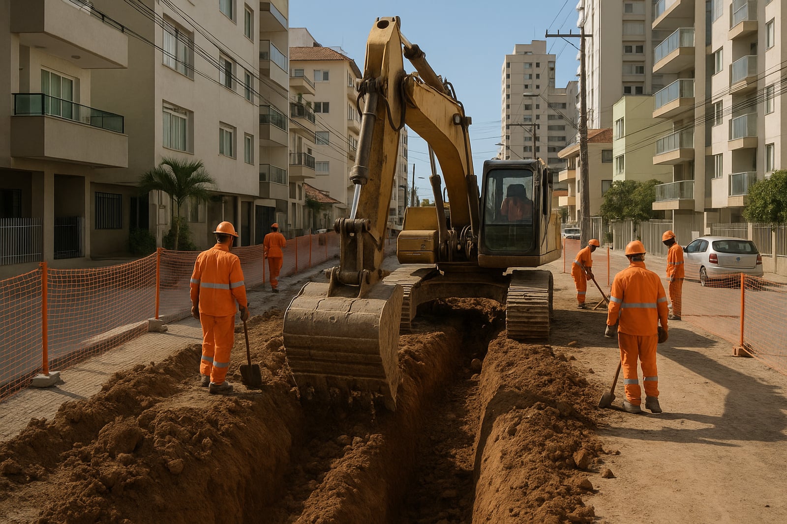 Placa de obra e canteiro urbano com máquinas, em uma cidade litorânea ao amanhecer
