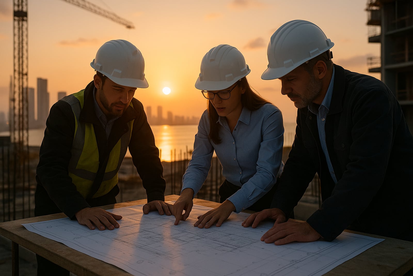 Engenheiros analisando plantas e projetos em um canteiro de obras ao amanhecer, com uma cidade litorânea ao fundo