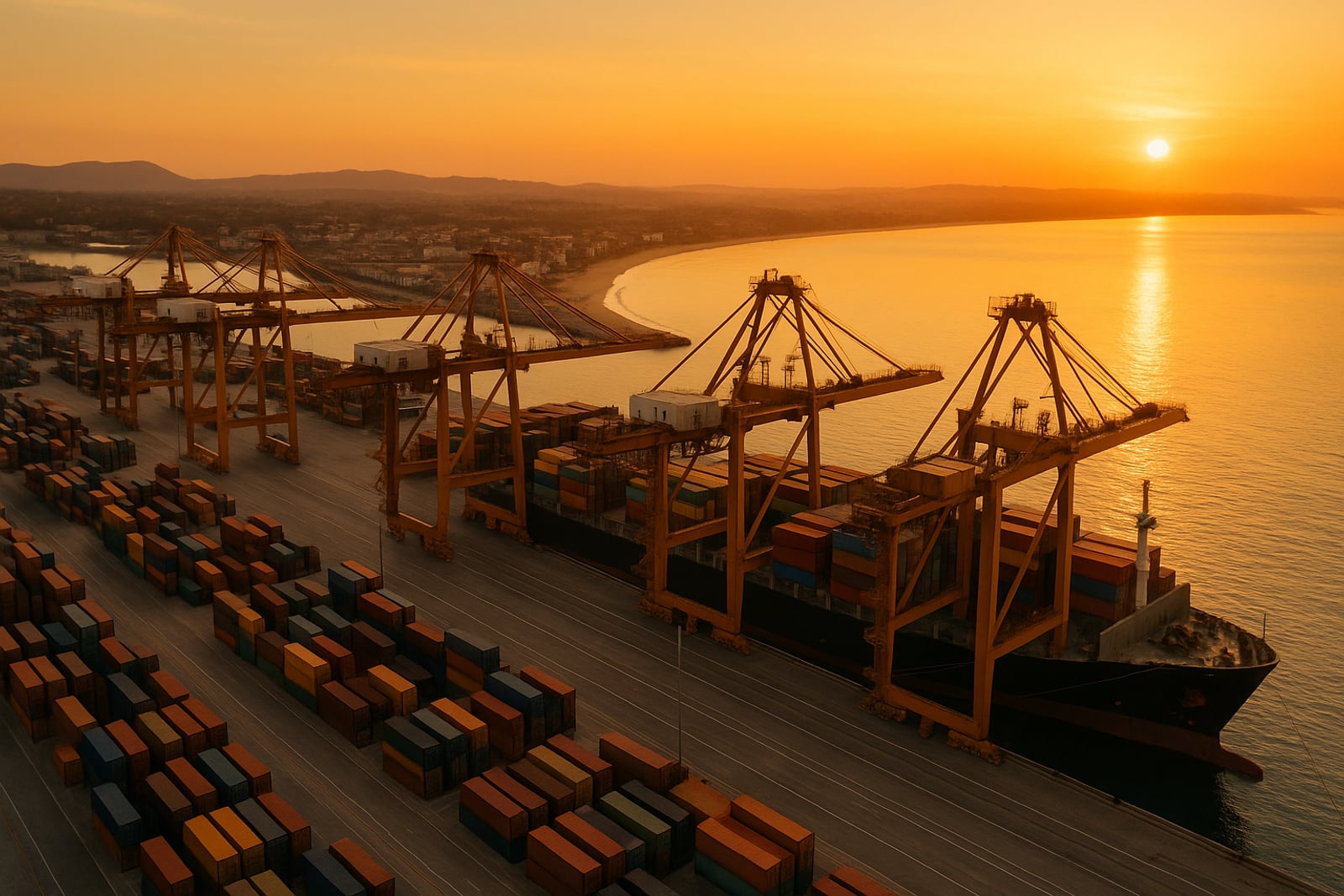 Terminal portuário de contêineres com guindastes e navios ao entardecer, com uma cidade litorânea e praia ao fundo