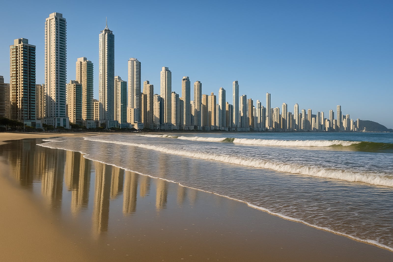 Linha de torres residenciais altas à beira-mar vista do nível da areia numa manhã clara, com a faixa de praia em primeiro plano