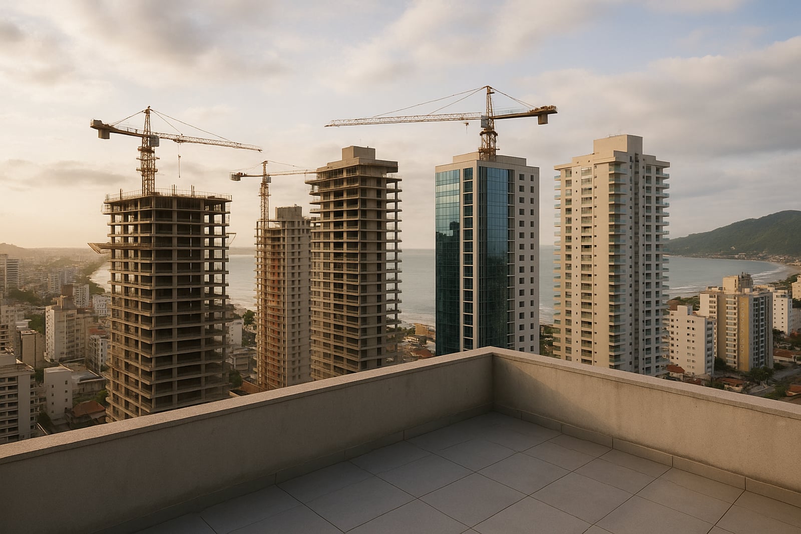 Prédios residenciais em diferentes estágios de obra lado a lado numa cidade litorânea, vistos de um terraço alto numa tarde nublada