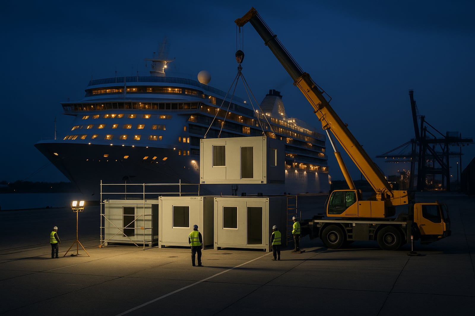 Navio de cruzeiro iluminado atracado no cais ao anoitecer, com módulos pré-fabricados de um terminal em montagem em primeiro plano