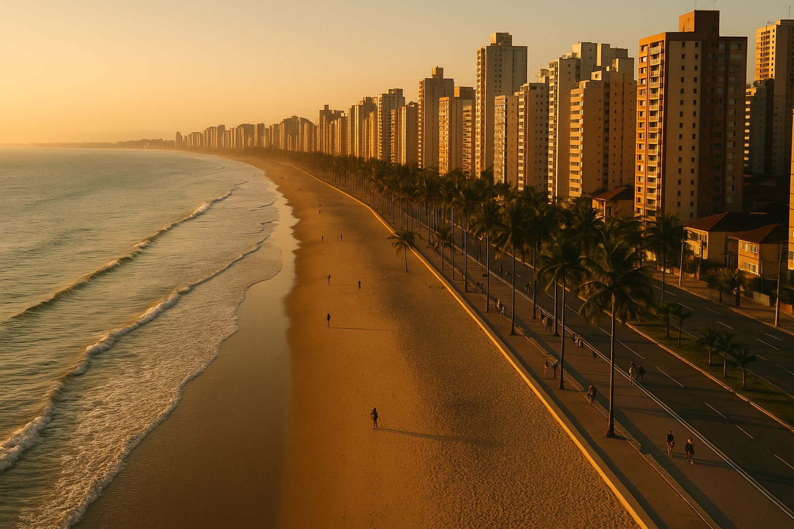 Vista aérea de uma orla urbana ao entardecer, com o mar, a faixa de areia, o calçadão com palmeiras e a fileira de prédios altos à beira-mar