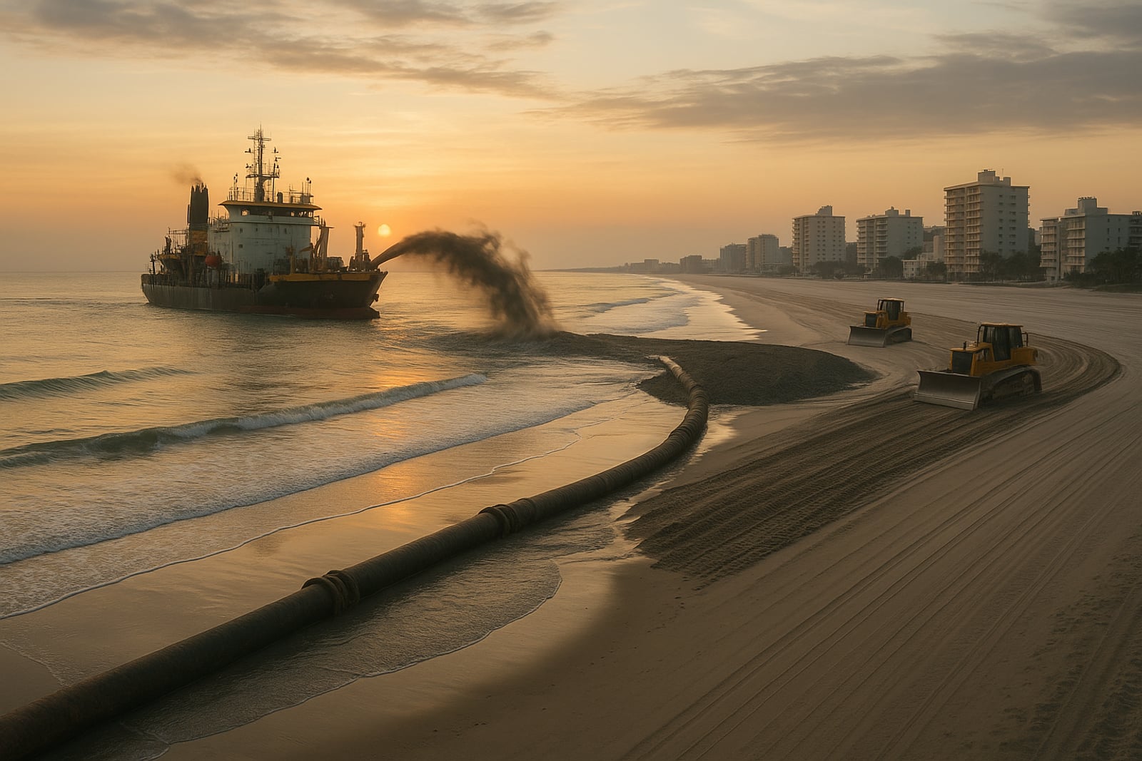 Draga de engorda de praia trabalhando próximo à costa ao amanhecer, com tubulação levando areia para a faixa de praia