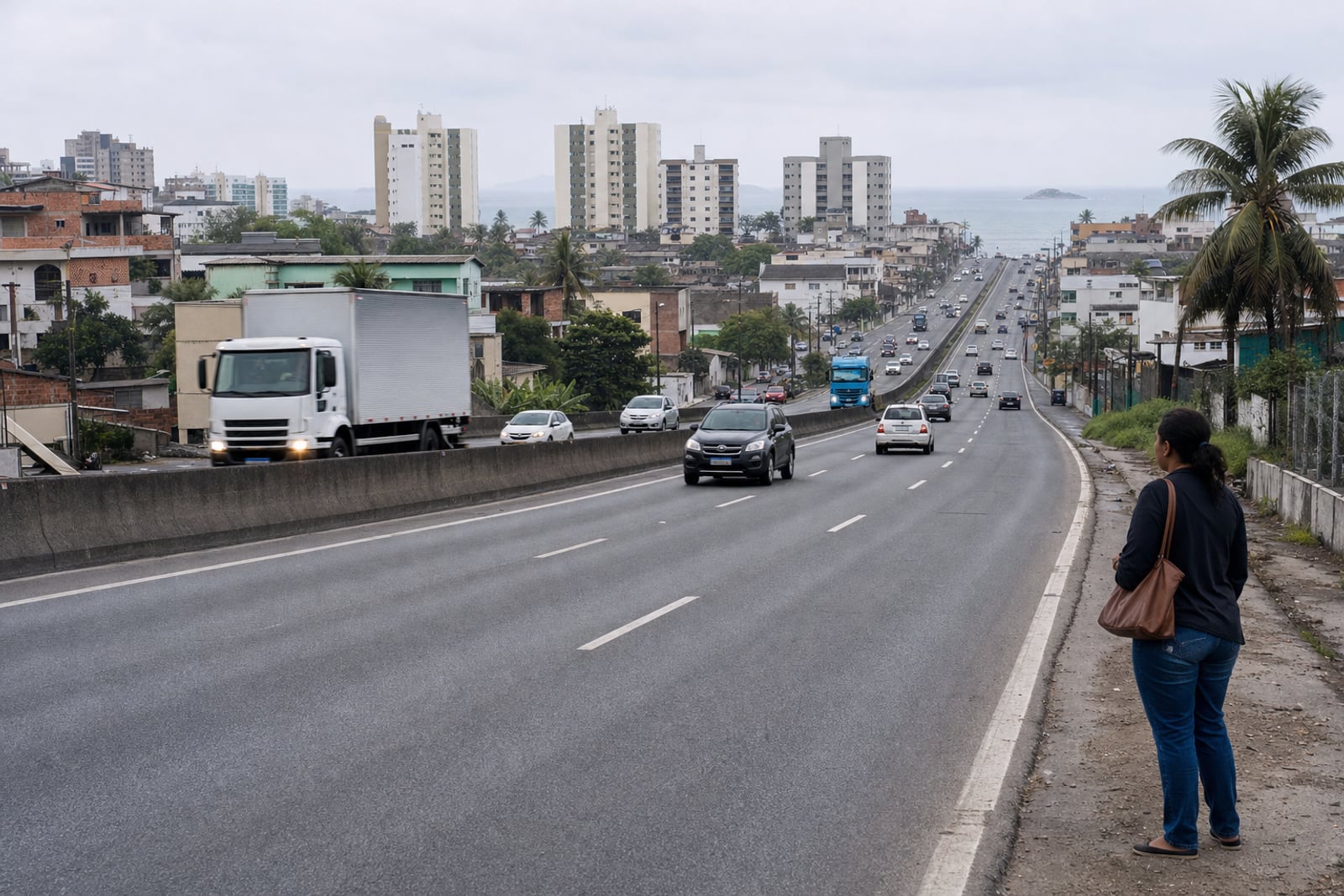 Rodovia federal de pista dupla cortando uma cidade litorânea, com caminhões passando e bairros dos dois lados numa manhã nublada