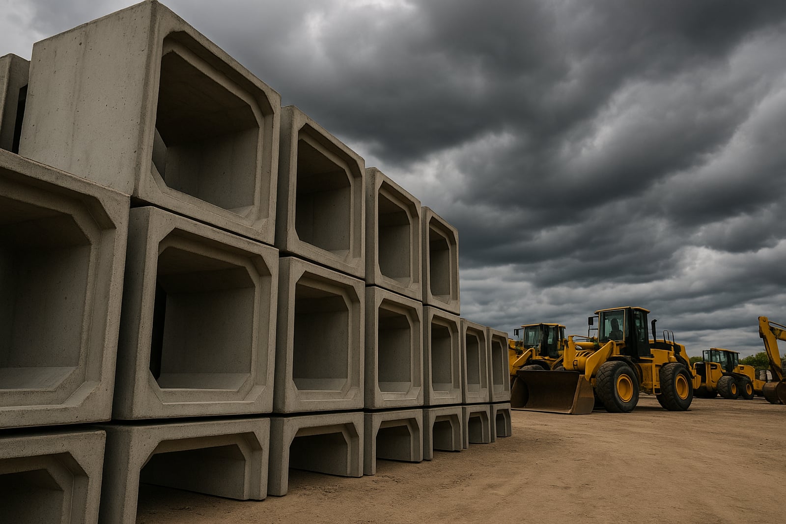 Galerias de concreto pré-moldadas empilhadas num pátio de obras, com máquinas amarelas ao fundo e nuvens carregadas no céu