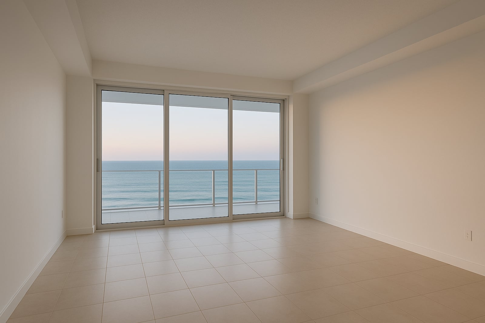Apartamento novo vazio com piso recém-instalado e janelas amplas voltadas para o mar, luz da manhã entrando, sem móveis
