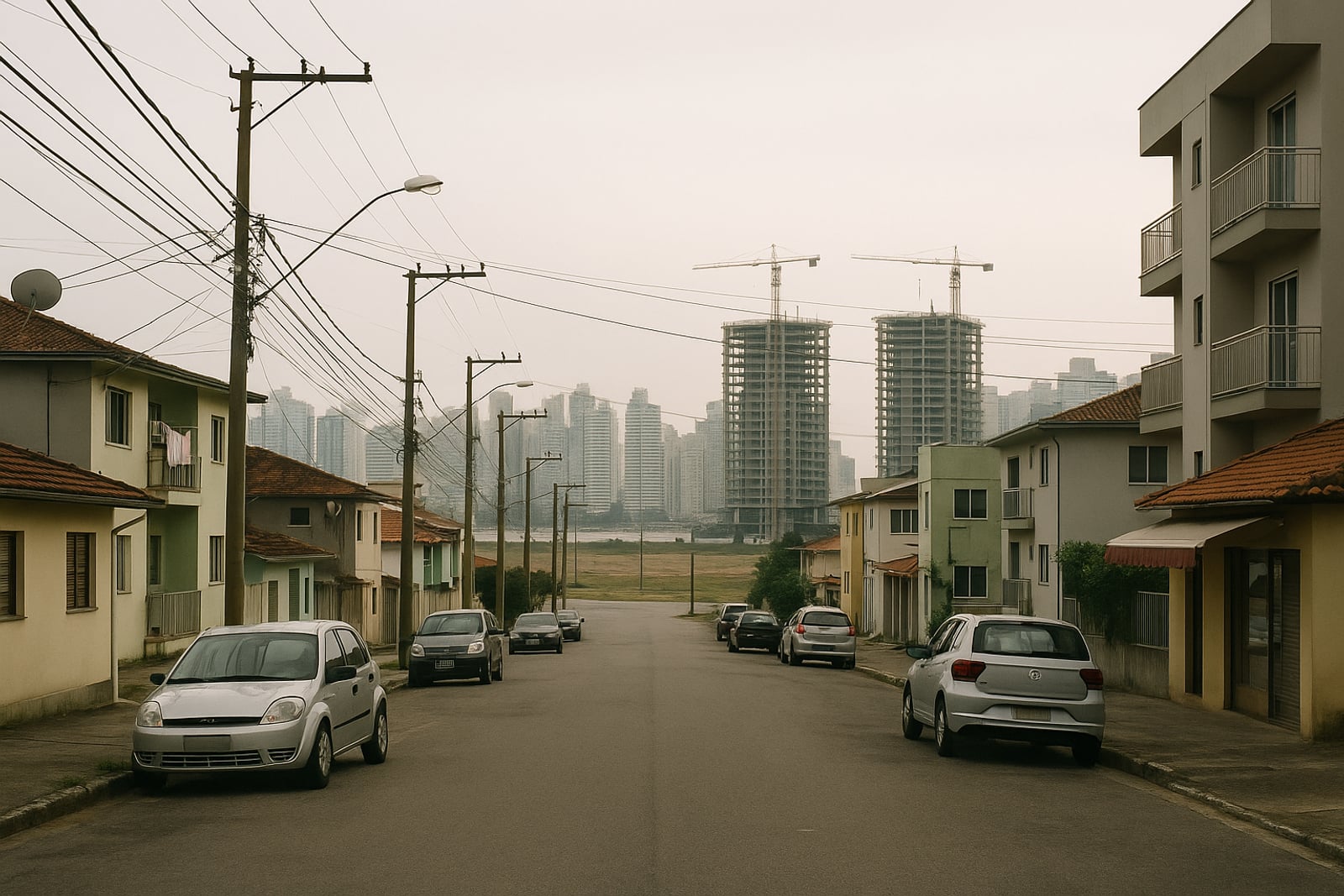 Rua residencial de casas baixas e prédios pequenos numa manhã nublada, com dois edifícios em obra e guindastes ao fundo e o skyline de torres da orla mais distante