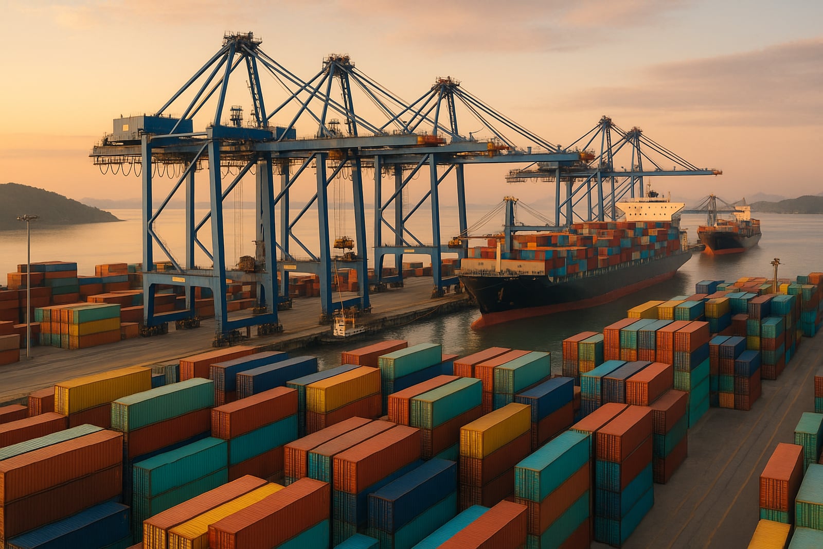 Terminal portuário de contêineres com guindastes e navios na costa de Santa Catarina, ao amanhecer