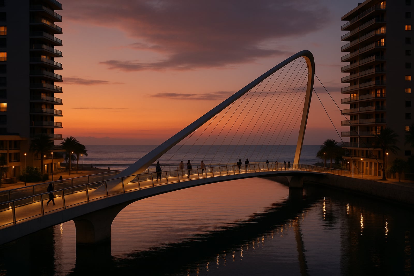 Passarela de pedestres moderna sobre a foz de um rio, ligando duas orlas urbanas com torres ao fundo, ao entardecer