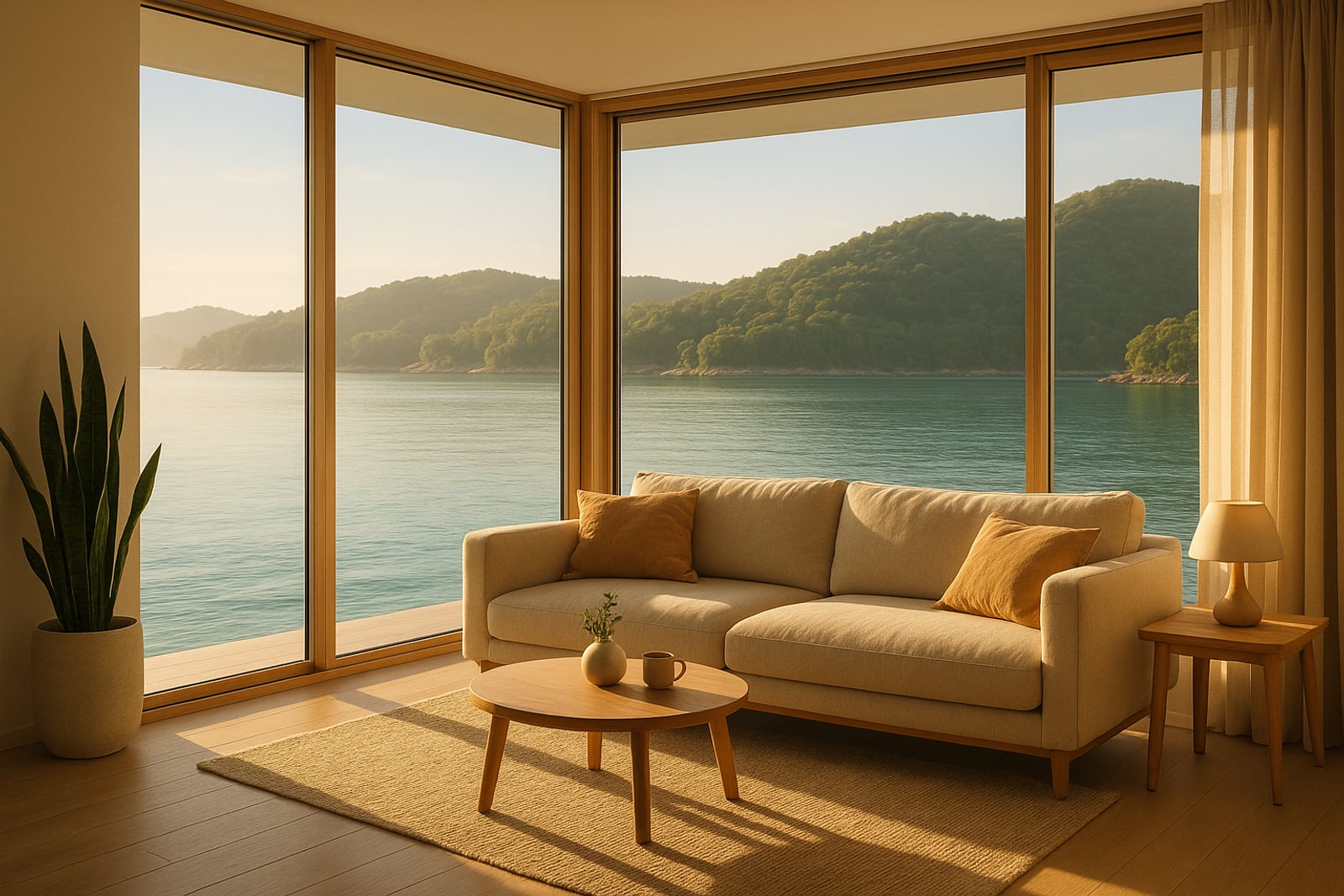 Sala de estar de um apartamento de alto padrão à beira-mar, com janelas do piso ao teto emoldurando uma baía calma ao amanhecer
