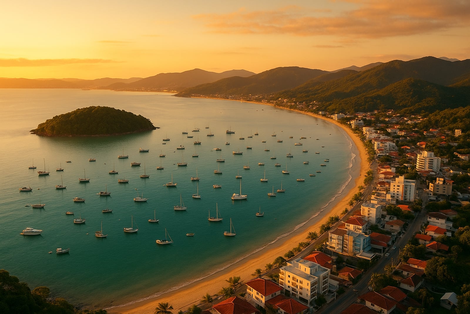 Vista aérea da baía de Porto Belo, com barcos, a ilha e a orla