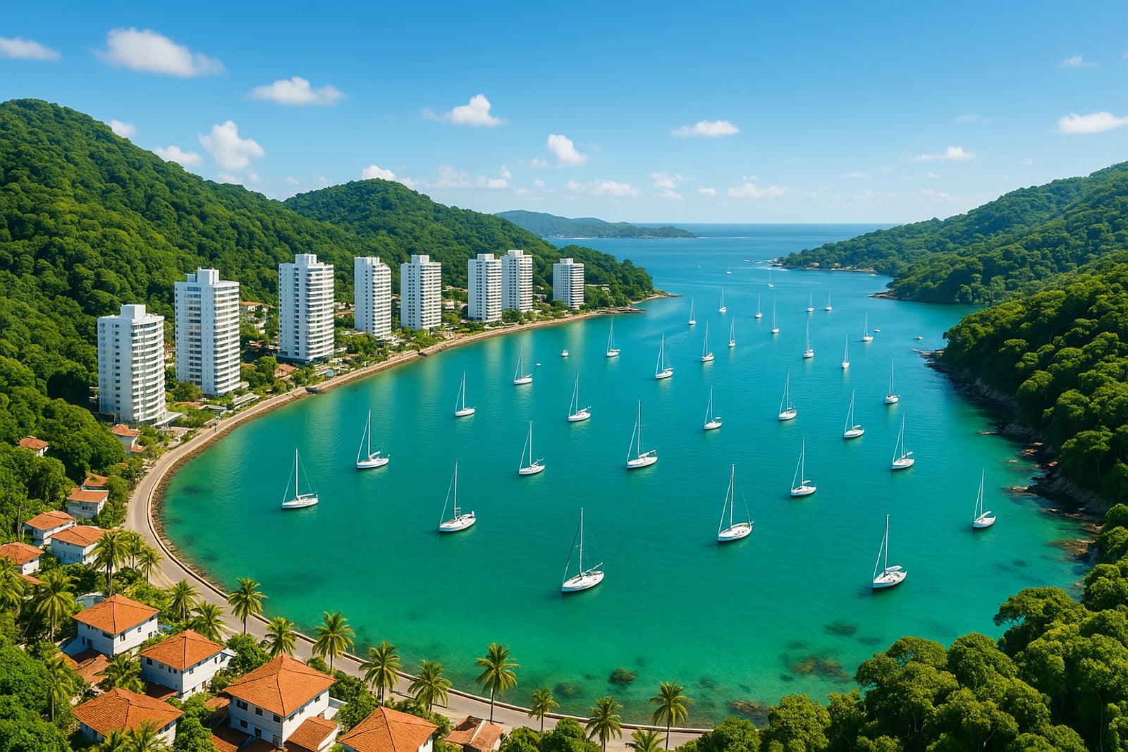 Vista da baía de Porto Belo em dia ensolarado, com barcos, morros verdes e torres modernas à beira-mar
