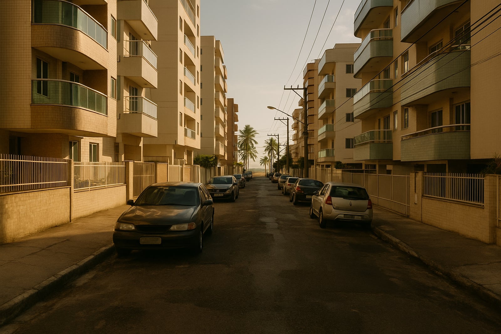 Rua residencial de bairro litorâneo com prédios novos de média altura dos dois lados, calçada estreita e asfalto desgastado, fim de tarde