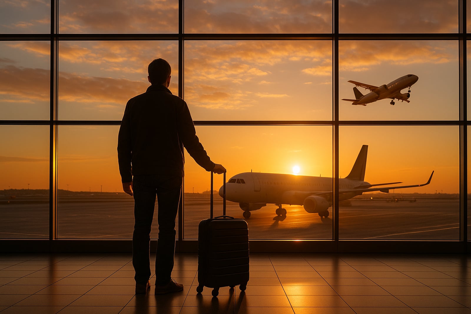Passageiro com mala observando aviões na janela de um aeroporto ao pôr do sol