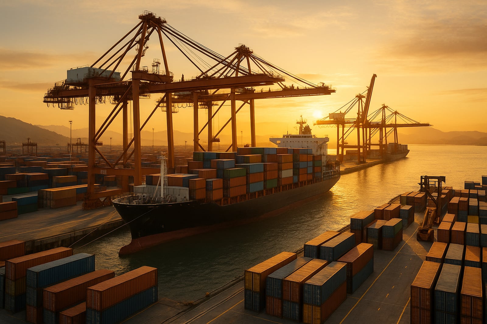 Porto de contêineres com guindastes ao entardecer, no litoral de Santa Catarina