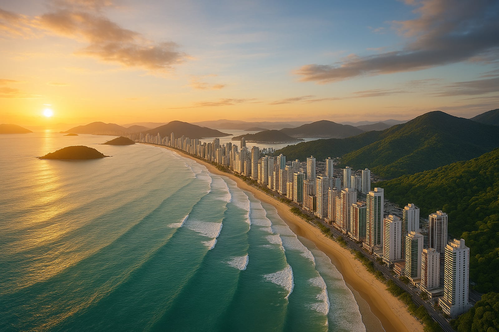Vista aérea ampla do litoral norte de Santa Catarina ao amanhecer, com praias, morros verdes e cidades verticalizadas ao longo da costa