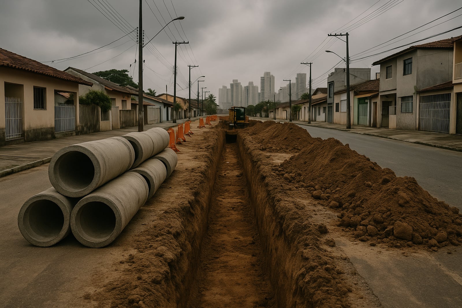 Vala aberta no meio de uma rua de bairro à beira-mar, com tubos de concreto empilhados na calçada e torres residenciais ao fundo num fim de tarde nublado