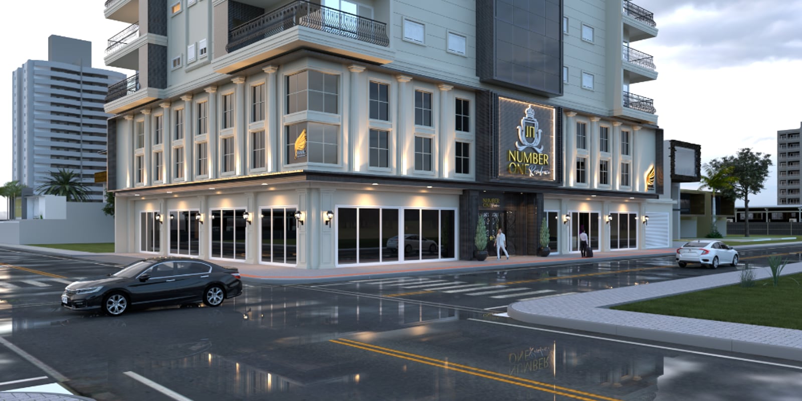 Render do edifício Number One Residence, da Asael, em Tijucas, com fachada iluminada e lojas no térreo na esquina
