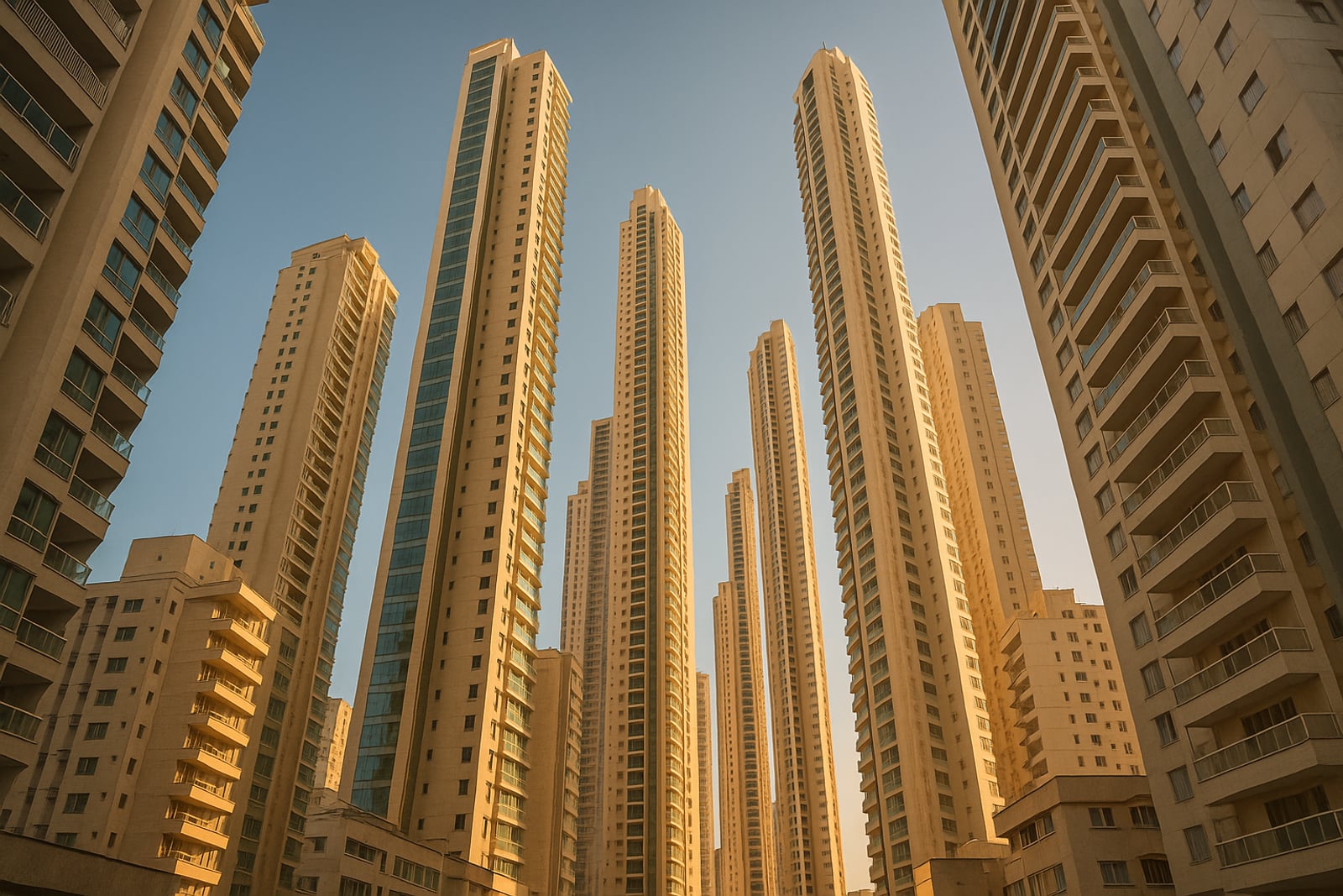 Vista de baixo para cima de torres residenciais muito altas e esguias em uma cidade verticalizada, recortadas contra o céu