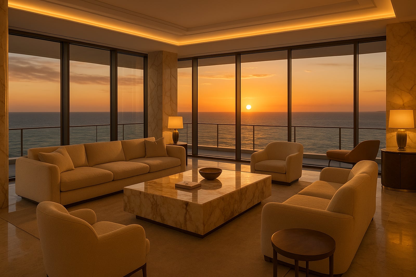 Sala de estar de uma cobertura de altíssimo padrão com janelas do piso ao teto e vista para o mar ao pôr do sol